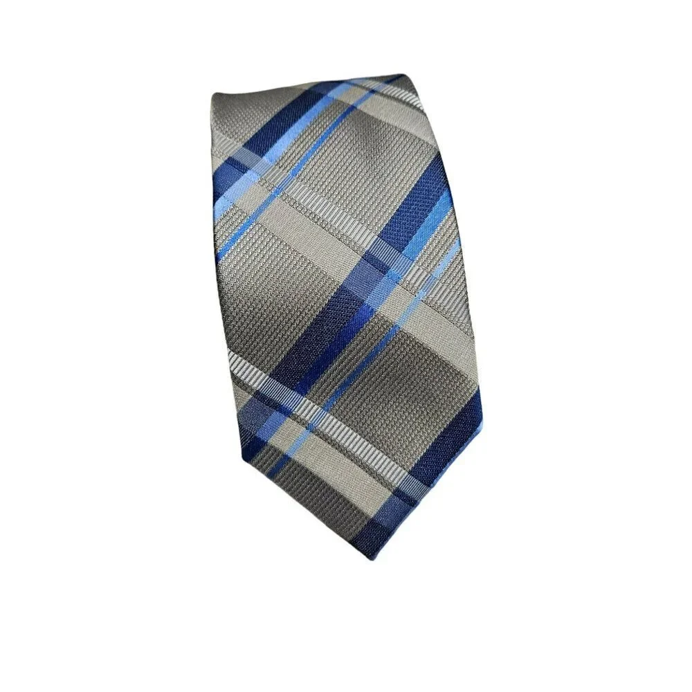 Calvin Klein NWT Mens Plaid Silk & Polyester‎ Tie Blue/Gray